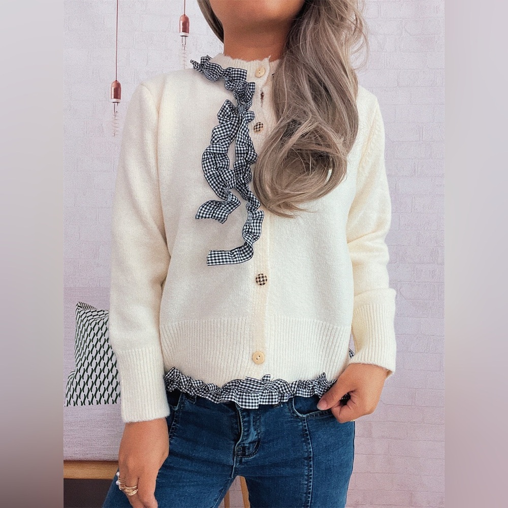 Ruffle Trim Gingham Cardigan